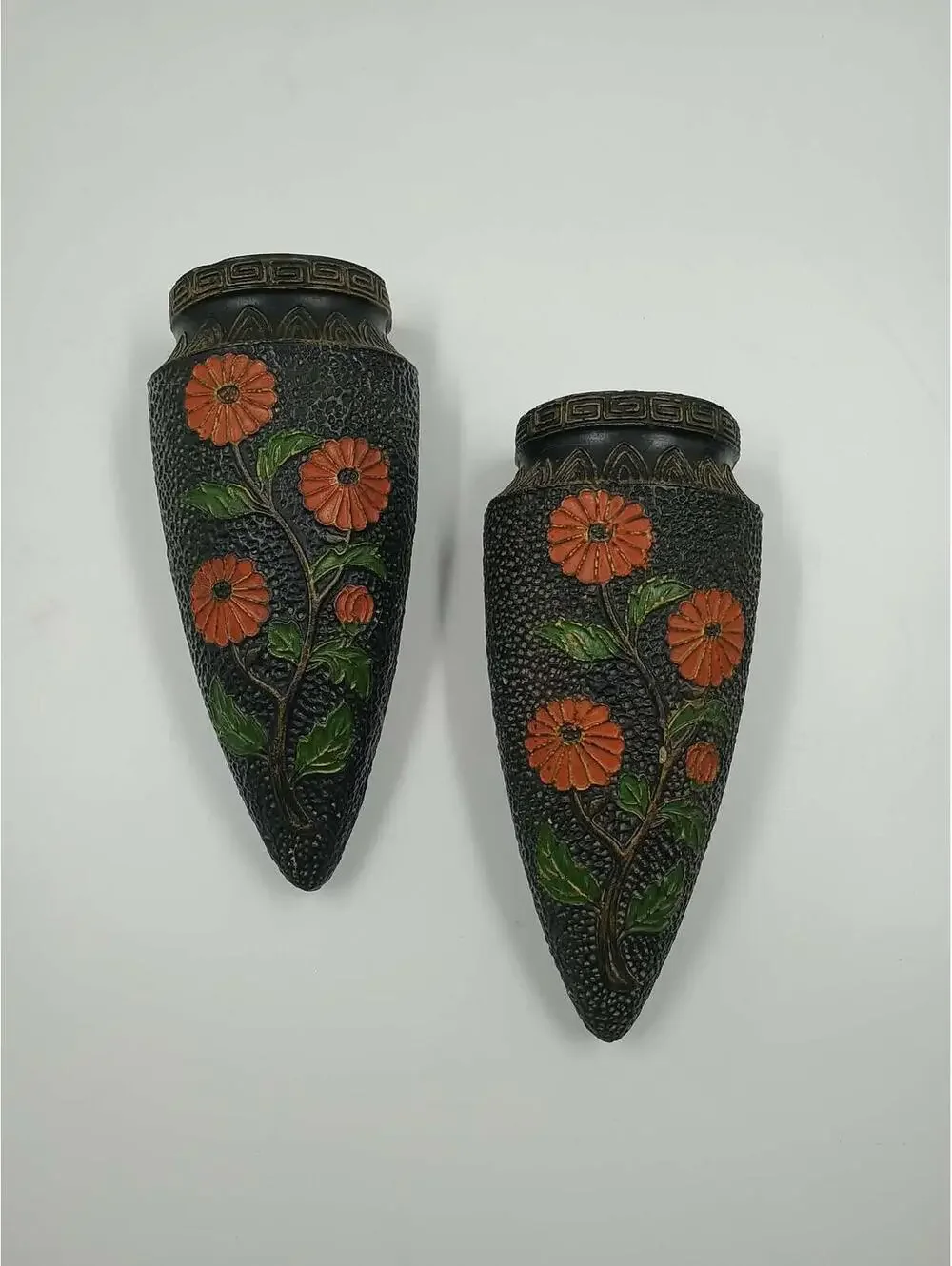 Vintage Japanes Black Wall Sconces with Floral Design - Pair